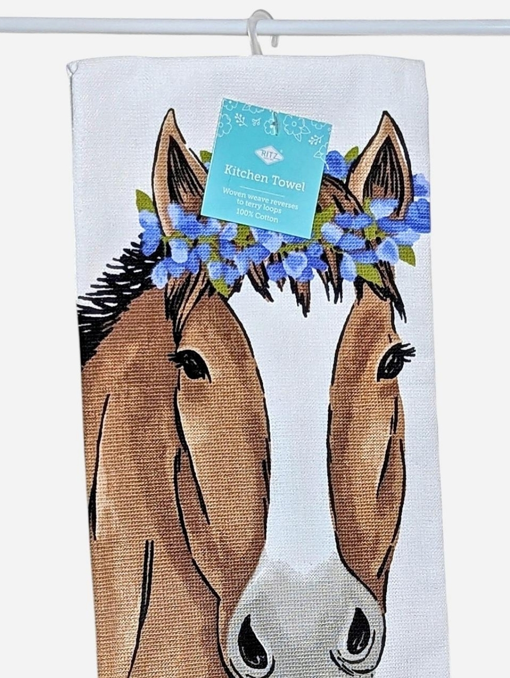 Ritz Horse Watercolor Flower Cotton Kitchen Hand Towel Modern Farm Cottage Decor - Picture 4 of 5